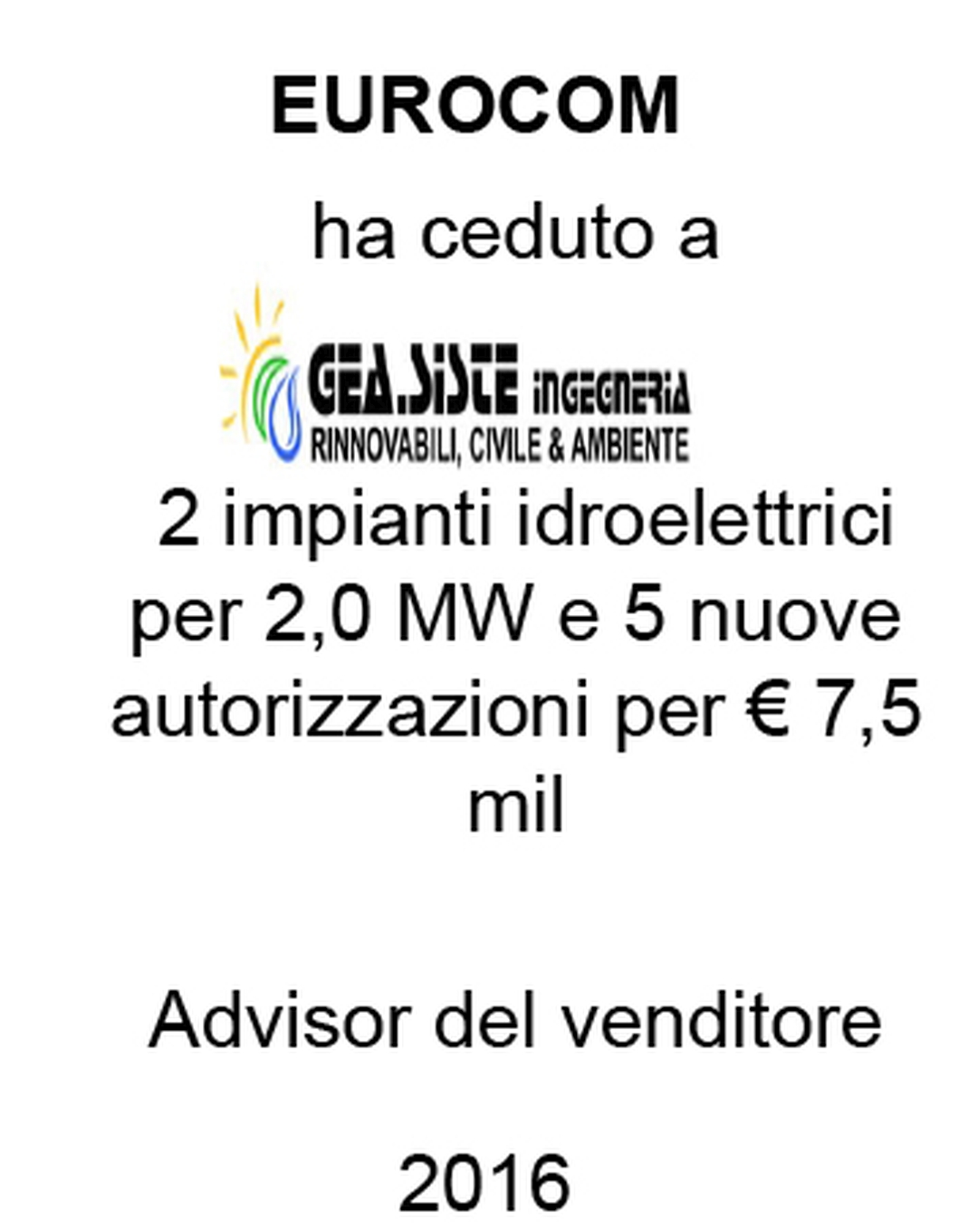 gea.siste Consulente di Eurocom S.r.l. nella cessione a Gea.Siste di 2 impianti idroelettrici per una potenza complessiva di 2,0 MW e 5 nuovi progetti idroelettrici RTB (Ready-to-Build), per un controvalore della transazione di € 7,5 mln. Ha agito in qualità di consulente del Venditore. Incarico completato 2016.
